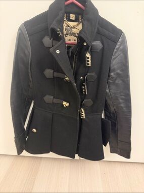 Burberry Black Wool Pea Coat with Leather Sleeves